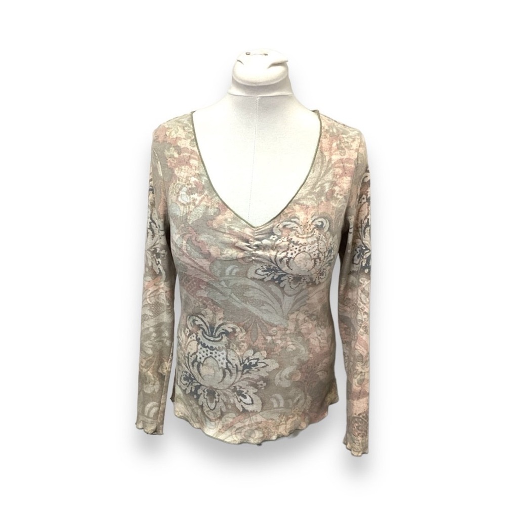 Xcit USA Women’s Long Sleeve V Neck Top Whimsigoth Floral Sequin Y2K Cream XL